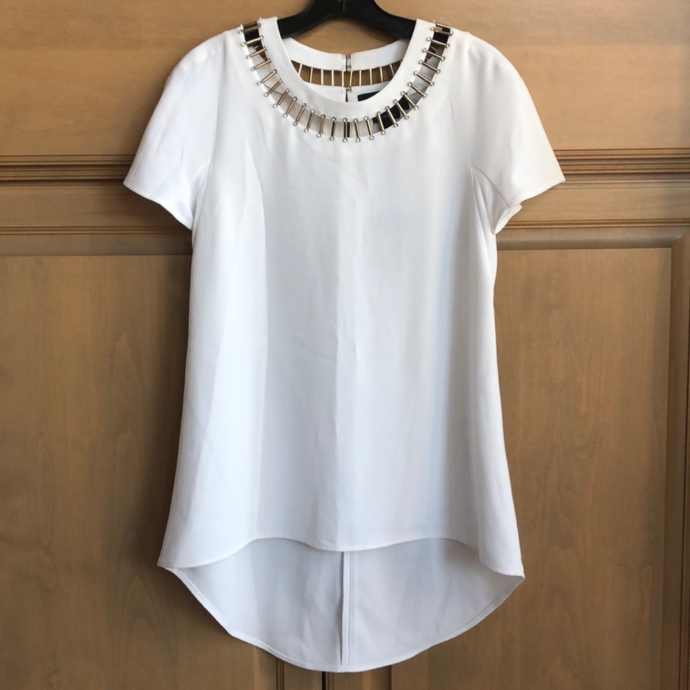 New St. John Couture relaxed boxy fit longline hand-beaded cutout ladder tunic